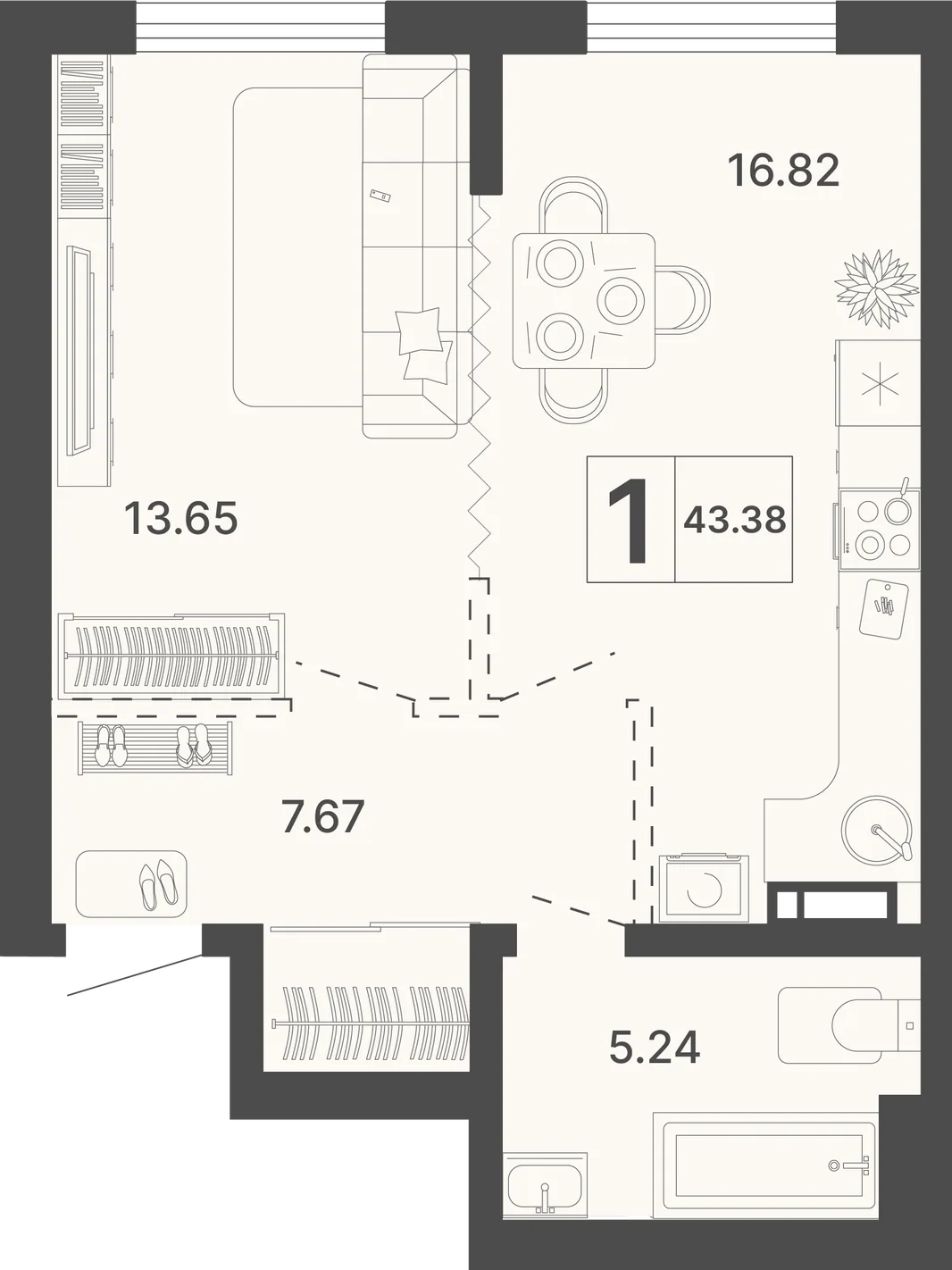 Планировка 1-комн. квартира, 43.38 м² ЖК «Светский лес»