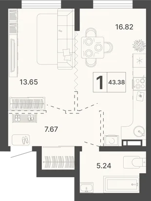 Планировка 1-комн. квартира, 43.38 м² ЖК «Светский лес»