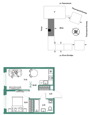 Планировка 2-комн. квартира, 36.6 м² ЖК «Сердце Сибири»