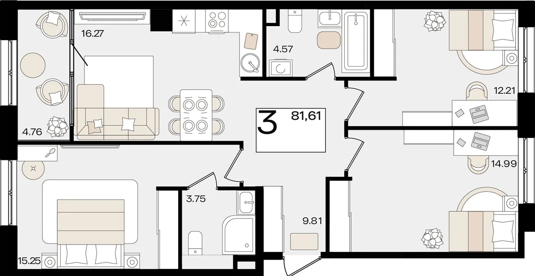 Планировка 3-комн. квартира, 80.63 м² ЖК «Патрики»