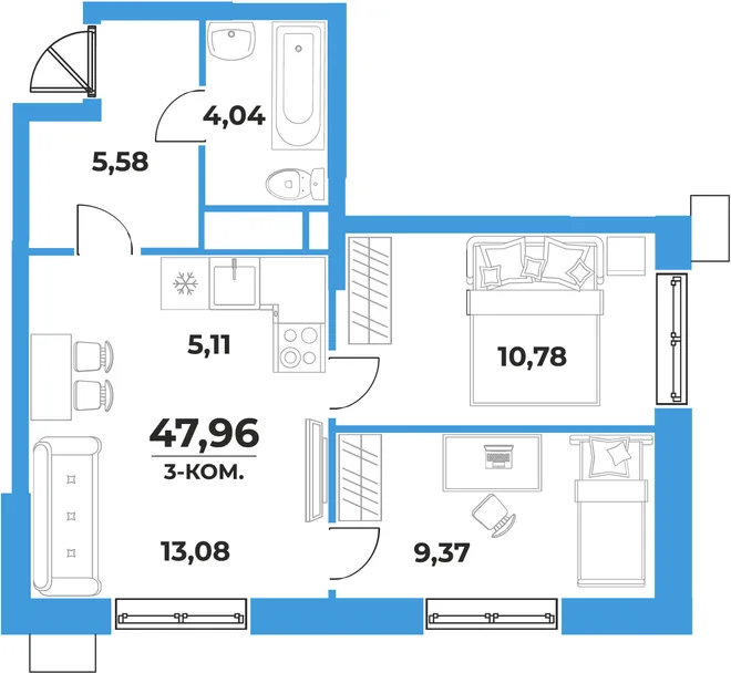 Планировка 3-комн. квартира, 47.96 м² ЖК «На семи холмах» Планировка 3-комн. квартира, 47.96 м² ЖК «На семи холмах»