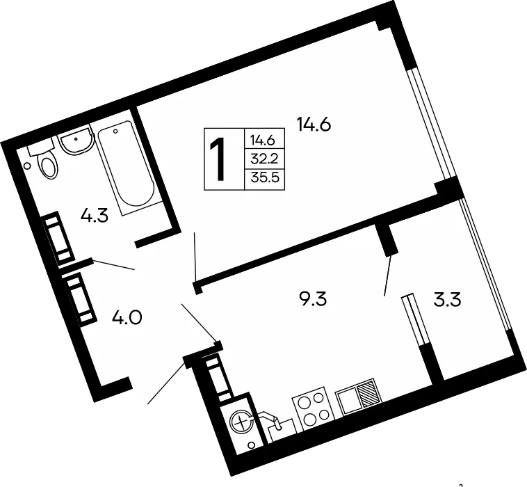 Планировка 1-комн. квартира, 35.5 м² ЖК «Семейный»