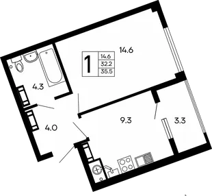 Планировка 1-комн. квартира, 35.5 м² ЖК «Семейный»