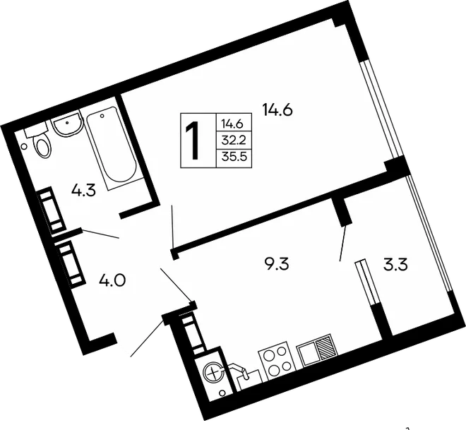 Планировка 1-комн. квартира, 35.5 м² ЖК «Семейный» Планировка 1-комн. квартира, 35.5 м² ЖК «Семейный»