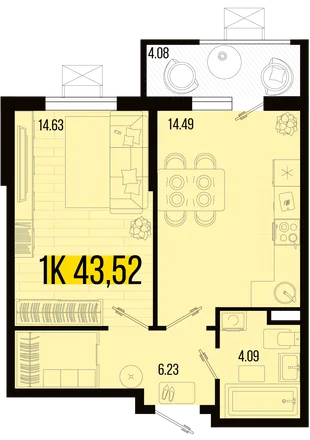 Планировка 1-комн. квартира, 41.48 м² ЖК «Цветной бульвар»