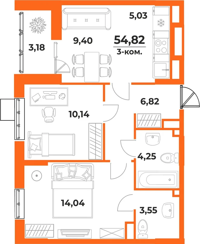Планировка 3-комн. квартира, 54.82 м² ЖК «Живописный сад» Планировка 3-комн. квартира, 54.82 м² ЖК «Живописный сад»