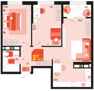 Планировка 3-комн. квартира, 66.8 м² ЖК «Первое место»