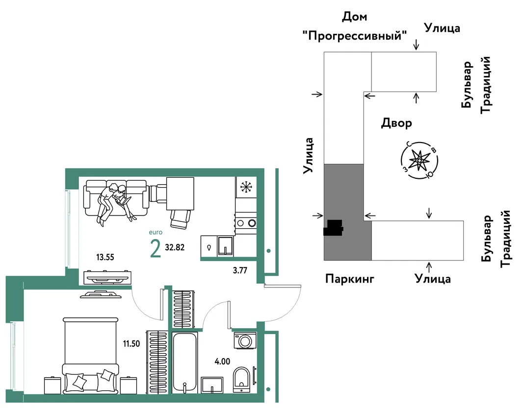 Планировка 2-комн. квартира, 32.82 м² ЖК «Микрорайон Домашний»