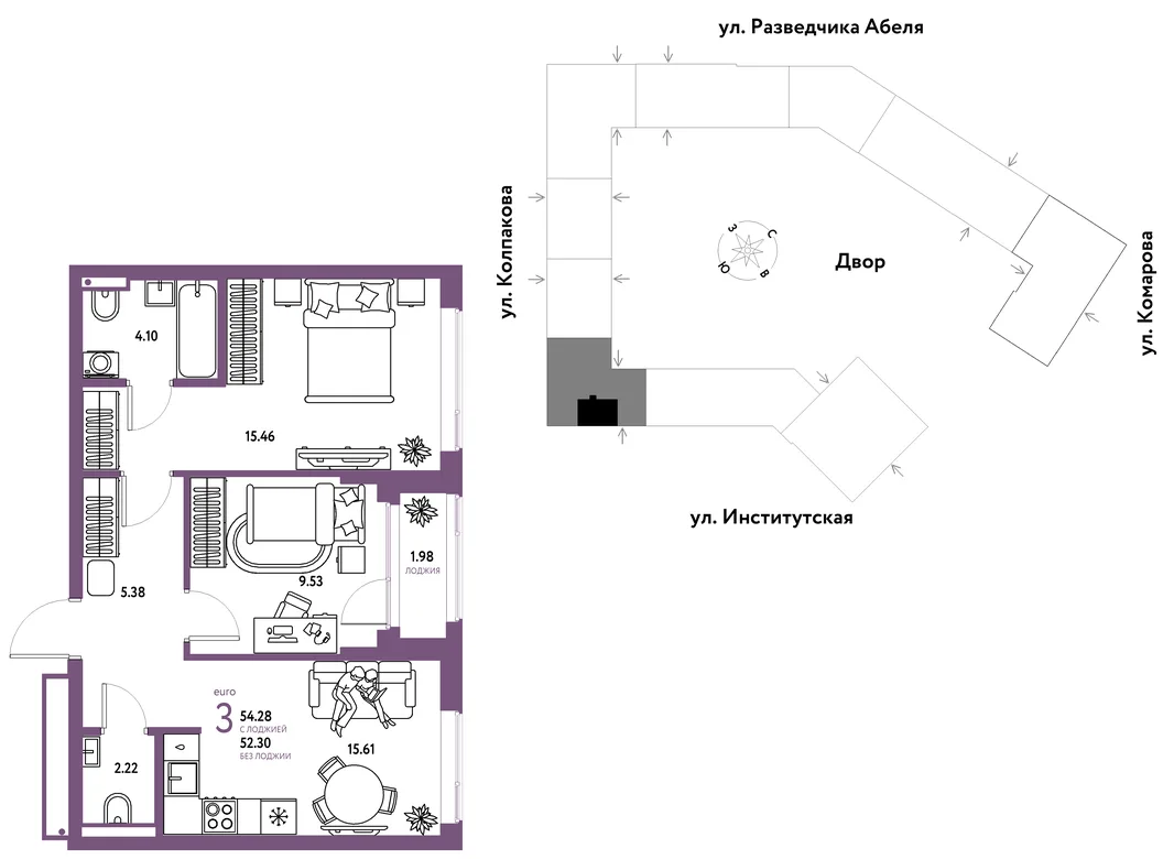 Планировка 3-комн. квартира, 54.28 м² ЖК «Страна.Парковая»