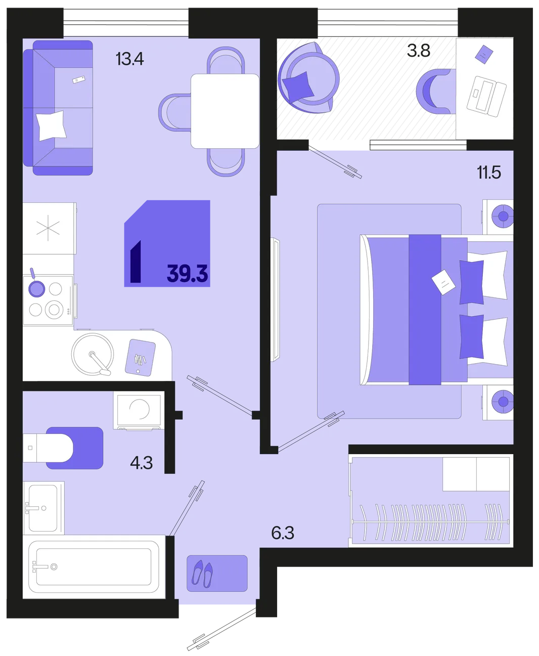 Планировка 1-комн. квартира, 39.3 м² ЖК «Первое место»