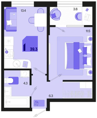 Планировка 1-комн. квартира, 39.3 м² ЖК «Первое место»