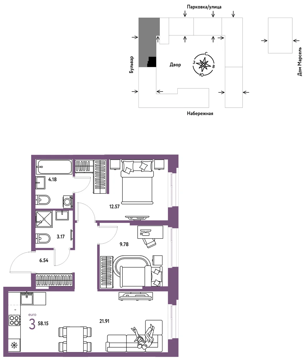 Планировка 3-комн. квартира, 58.15 м² ЖК «Европейский берег 2.0»