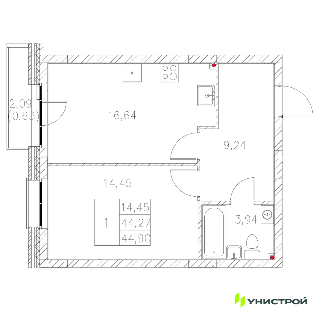 Планировка 1-комн. квартира, 44.9 м² ЖК «Statum»