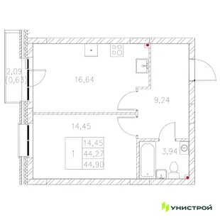 Планировка 1-комн. квартира, 44.9 м² ЖК «Statum»