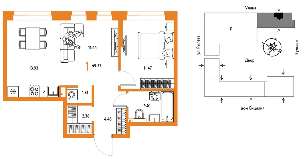 Планировка 1-комн. квартира, 49.57 м² ЖК «Остров-сад»