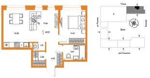 Планировка 1-комн. квартира, 49.57 м² ЖК «Остров-сад»