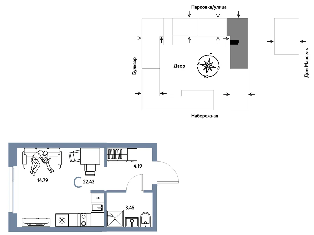 Планировка Студия, 22.43 м² ЖК «Европейский берег 2.0»