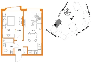 Планировка 1-комн. квартира, 41.64 м² ЖК «Страна.Парковая»