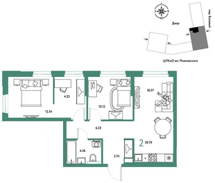 Планировка 2-комн. квартира, 59.79 м² ЖК «Сибирский сад»