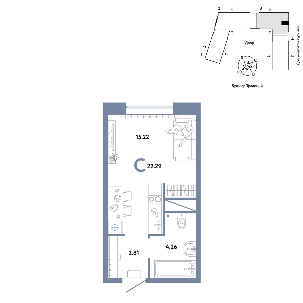 Планировка Студия, 22.29 м² ЖК «Микрорайон Домашний»
