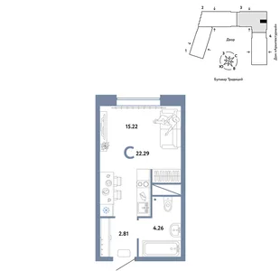 Планировка Студия, 22.29 м² ЖК «Микрорайон Домашний»