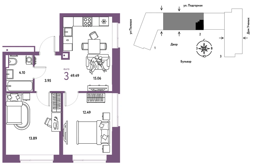 Планировка 3-комн. квартира, 49.49 м² ЖК «Авторский»