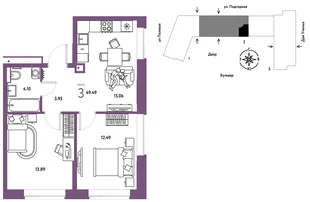 Планировка 3-комн. квартира, 49.49 м² ЖК «Авторский»