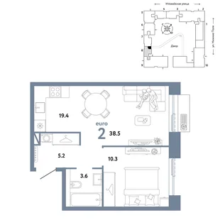 Планировка 2-комн. квартира, 38.5 м² ЖК «Страна.Заречная»