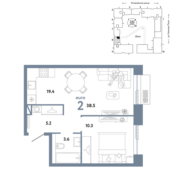 Планировка 2-комн. квартира, 38.5 м² ЖК «Страна.Заречная» Планировка 2-комн. квартира, 38.5 м² ЖК «Страна.Заречная»