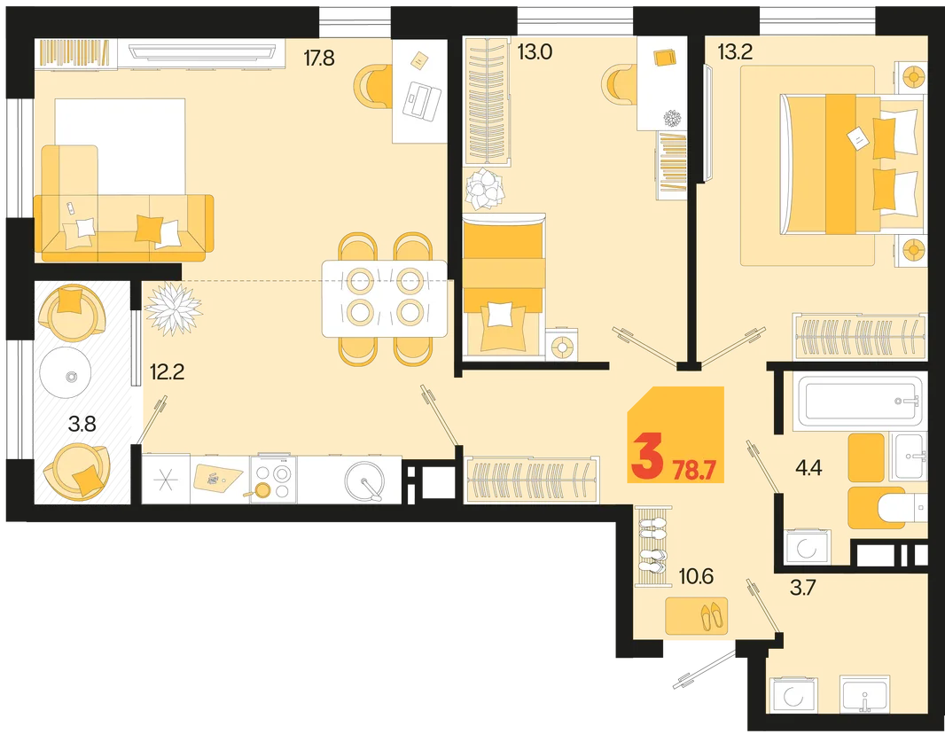 Планировка 3-комн. квартира, 78.7 м² ЖК «Первое место»