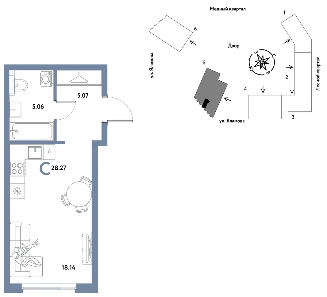 Планировка Студия, 28.27 м² ЖК «Сибирский сад»