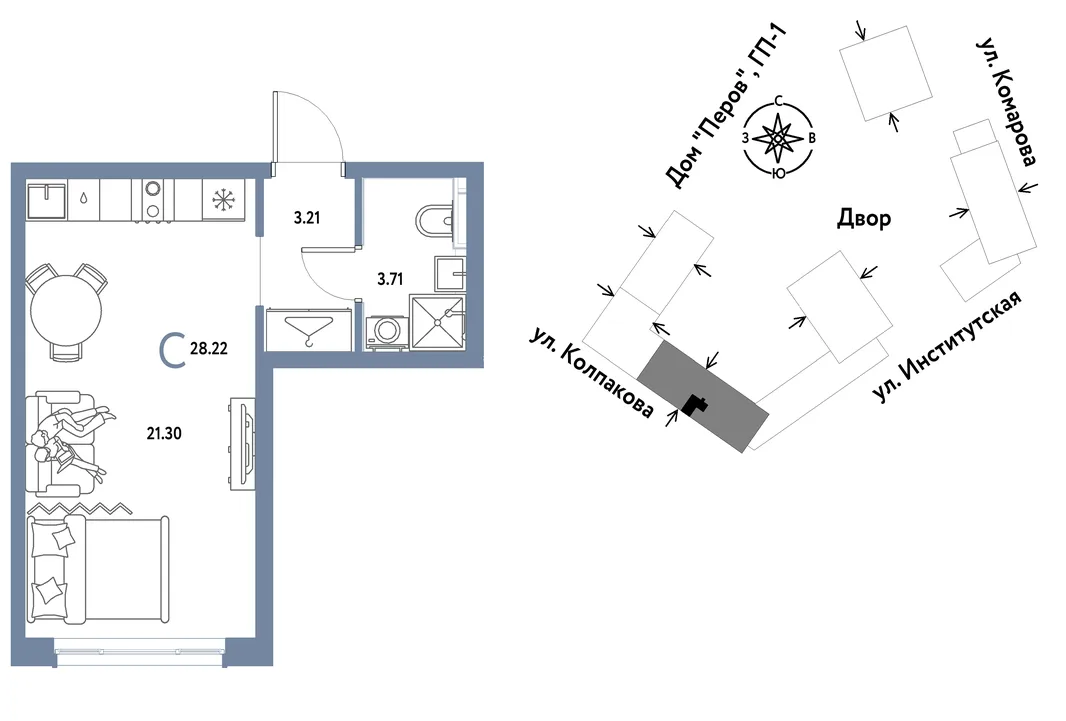 Планировка Студия, 28.22 м² ЖК «Страна.Парковая»