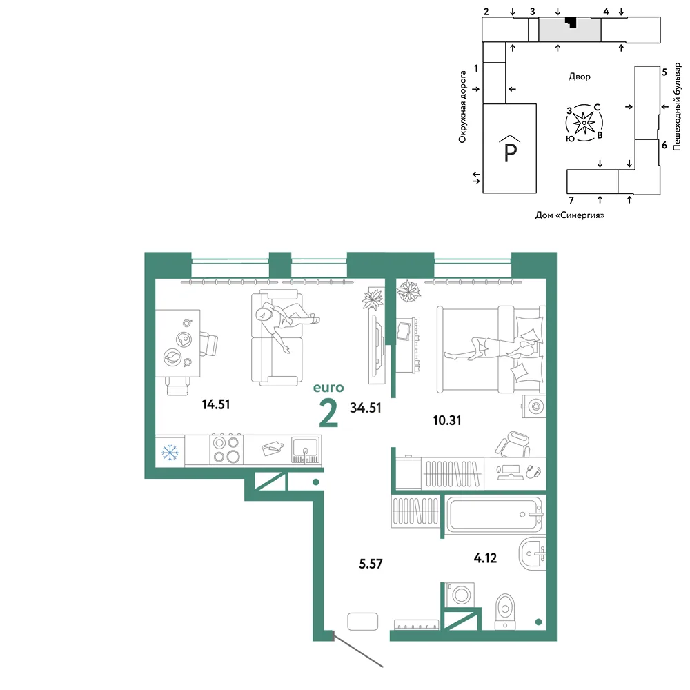Планировка 2-комн. квартира, 34.51 м² ЖК «Юнион»