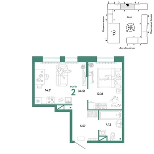 Планировка 2-комн. квартира, 34.51 м² ЖК «Юнион»