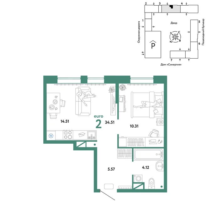 Планировка 2-комн. квартира, 34.51 м² ЖК «Юнион»