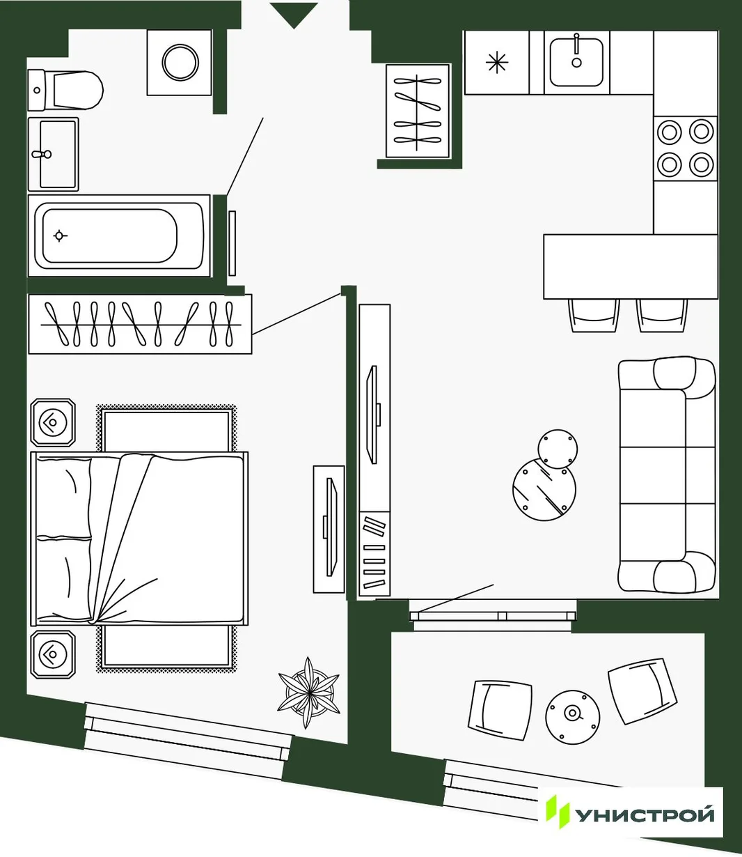 Планировка 1-комн. квартира, 38.8 м² ЖК «Парковый квартал 2.0»