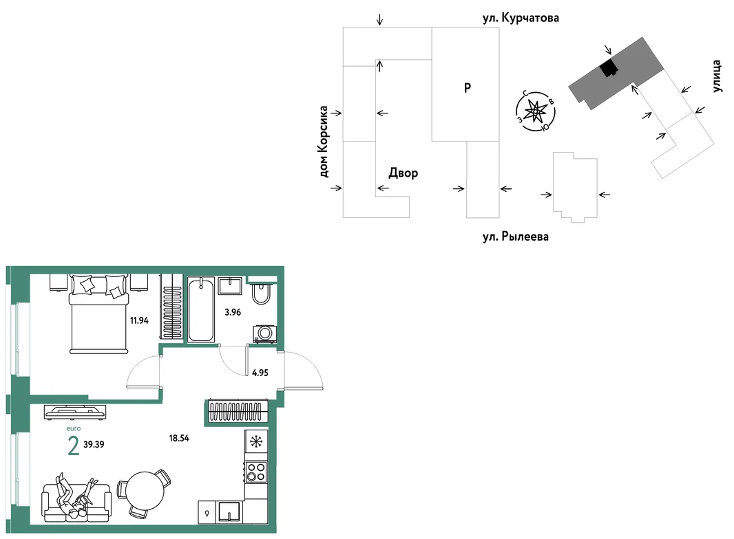Планировка 2-комн. квартира, 39.72 м² ЖК «Остров-сад»
