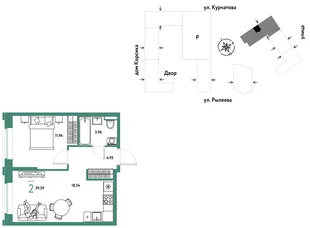 Планировка 2-комн. квартира, 39.72 м² ЖК «Остров-сад»