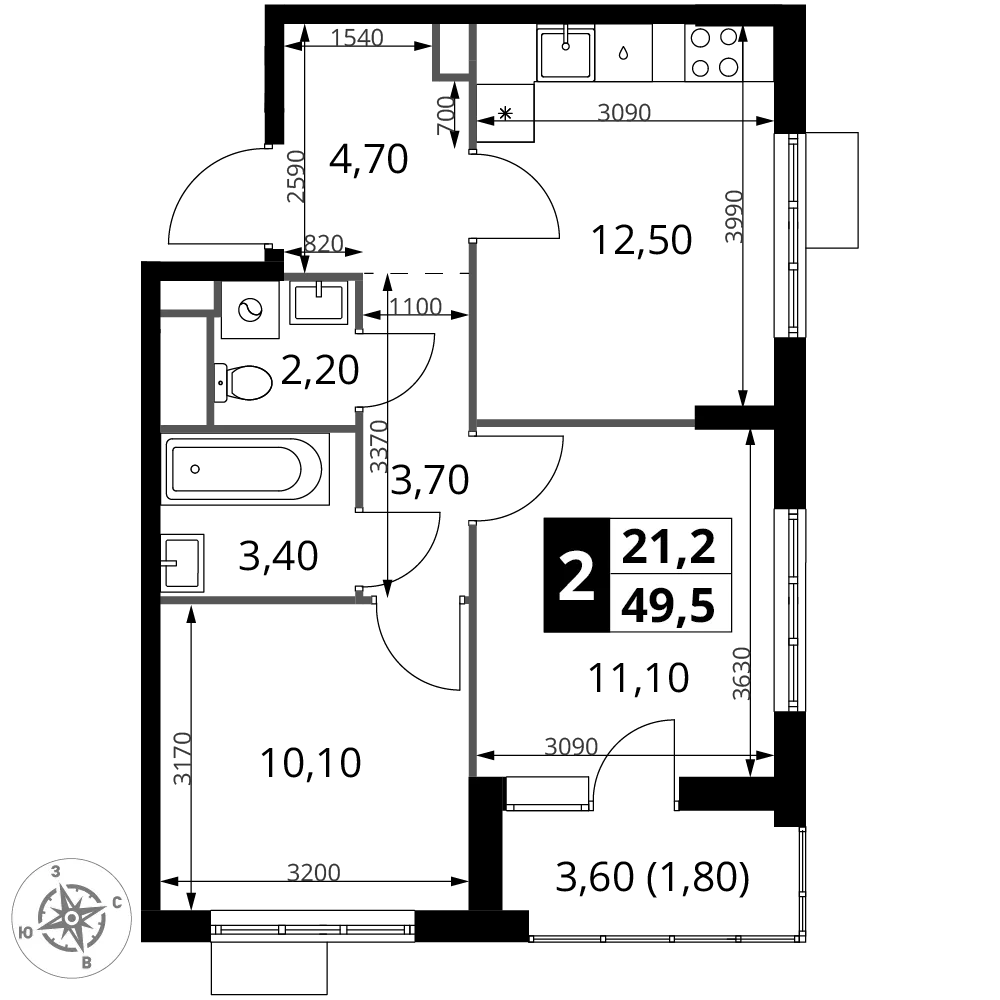 Планировка 2-комн. квартира, 49.5 м² ЖК «1-й Химкинский»