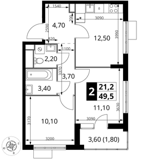 Планировка 2-комн. квартира, 49.5 м² ЖК «1-й Химкинский»