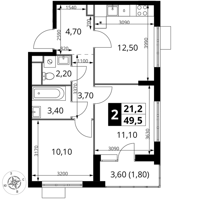 Планировка 2-комн. квартира, 49.5 м² ЖК «1-й Химкинский» Планировка 2-комн. квартира, 49.5 м² ЖК «1-й Химкинский»
