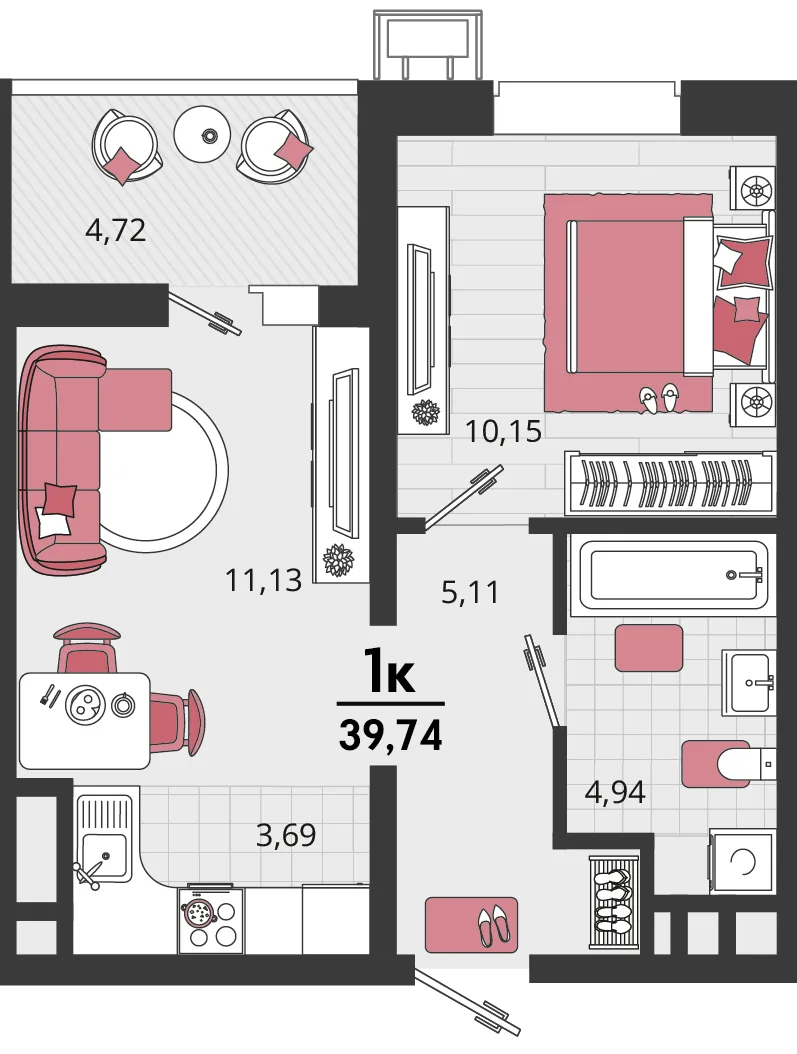 Планировка 2-комн. квартира, 39.74 м² ЖК «Родные просторы»