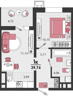 Планировка 2-комн. квартира, 39.74 м² ЖК «Родные просторы»