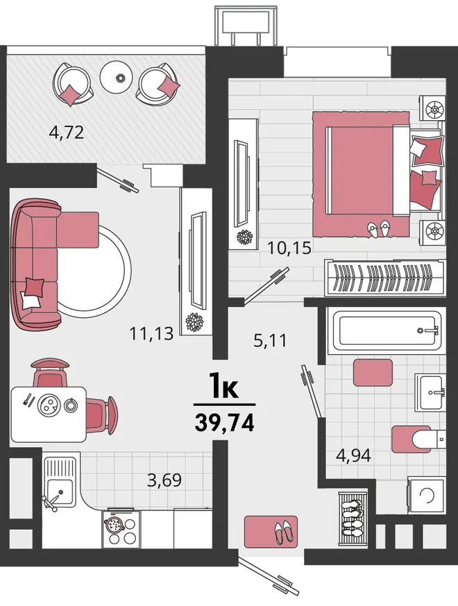 Планировка 2-комн. квартира, 39.74 м² ЖК «Родные просторы» Планировка 2-комн. квартира, 39.74 м² ЖК «Родные просторы»