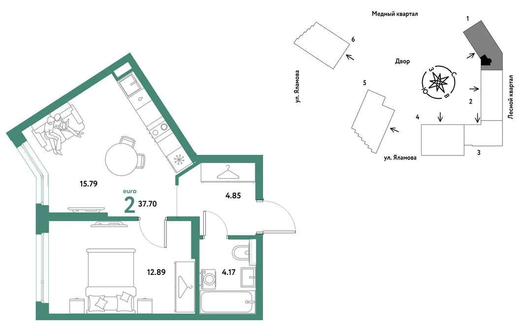 Планировка 2-комн. квартира, 37.7 м² ЖК «Сибирский сад»