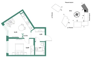 Планировка 2-комн. квартира, 37.7 м² ЖК «Сибирский сад»