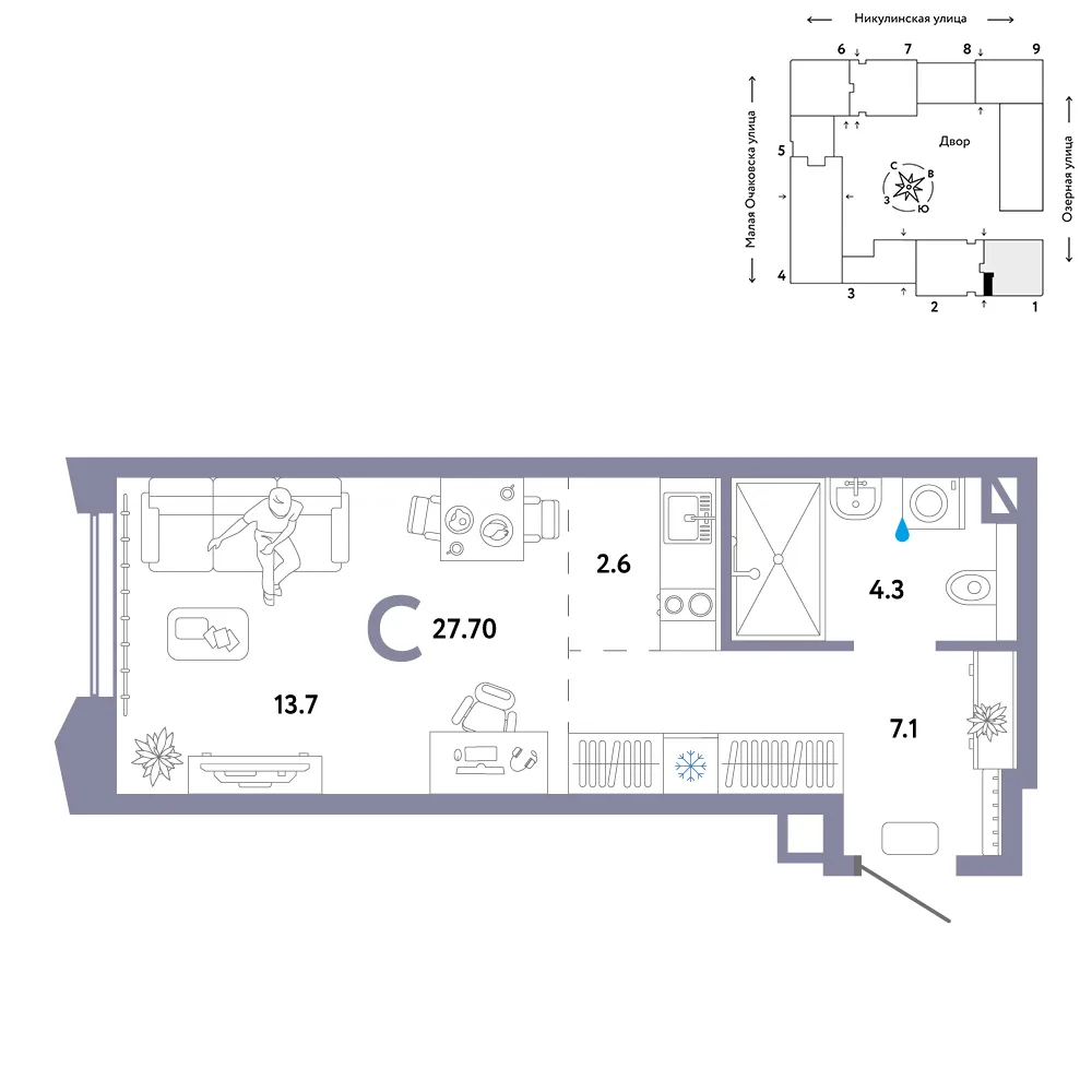 Планировка Студия, 27.7 м² ЖК «Страна.Озёрная»
