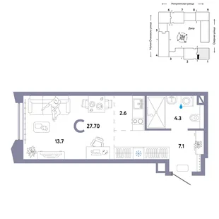 Планировка Студия, 27.7 м² ЖК «Страна.Озёрная»