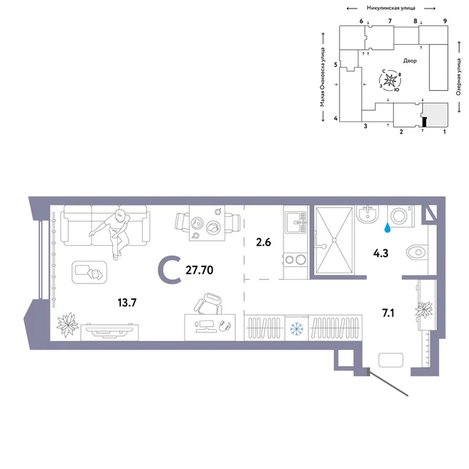 Планировка Студия, 27.7 м² ЖК «Страна.Озёрная» Планировка Студия, 27.7 м² ЖК «Страна.Озёрная»