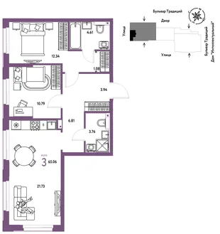 Планировка 3-комн. квартира, 65.06 м² ЖК «Микрорайон Домашний»